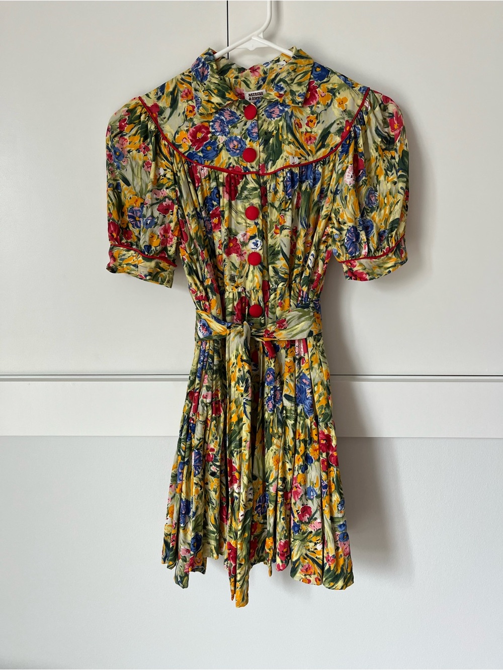 Floral Button-Front Short Dress with Red Trim